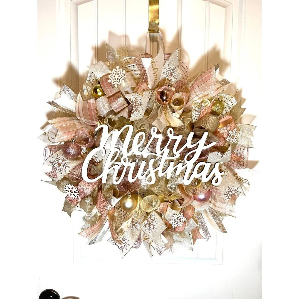 Christmas Snowflake Holiday Ribbon Door Wreath Handmade 22 ins LED W42 Gold Pink
